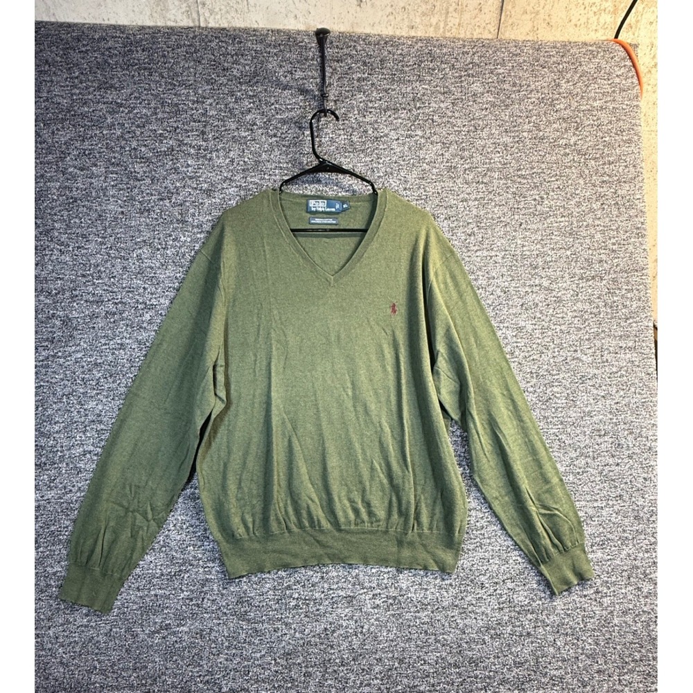 Polo Ralph Lauren XL Olive Green V-Neck Sweater 100% Pima Cotton Red Pony Logo